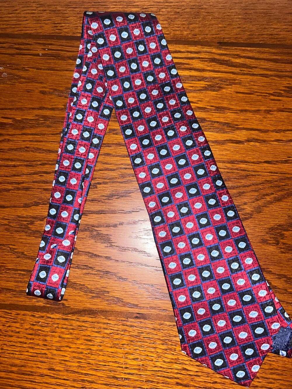 Pfizer Corporate Logo Print Checkered Silk Blend Necktie Red Black